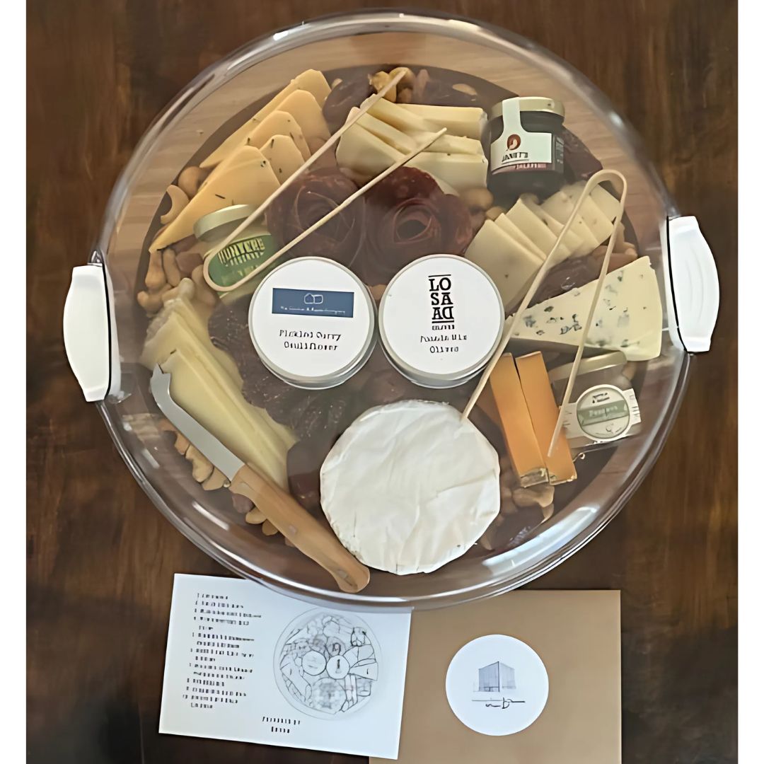 Cheese & Charcuterie Prepared on a 14 inch Reusable Round Board with Lid